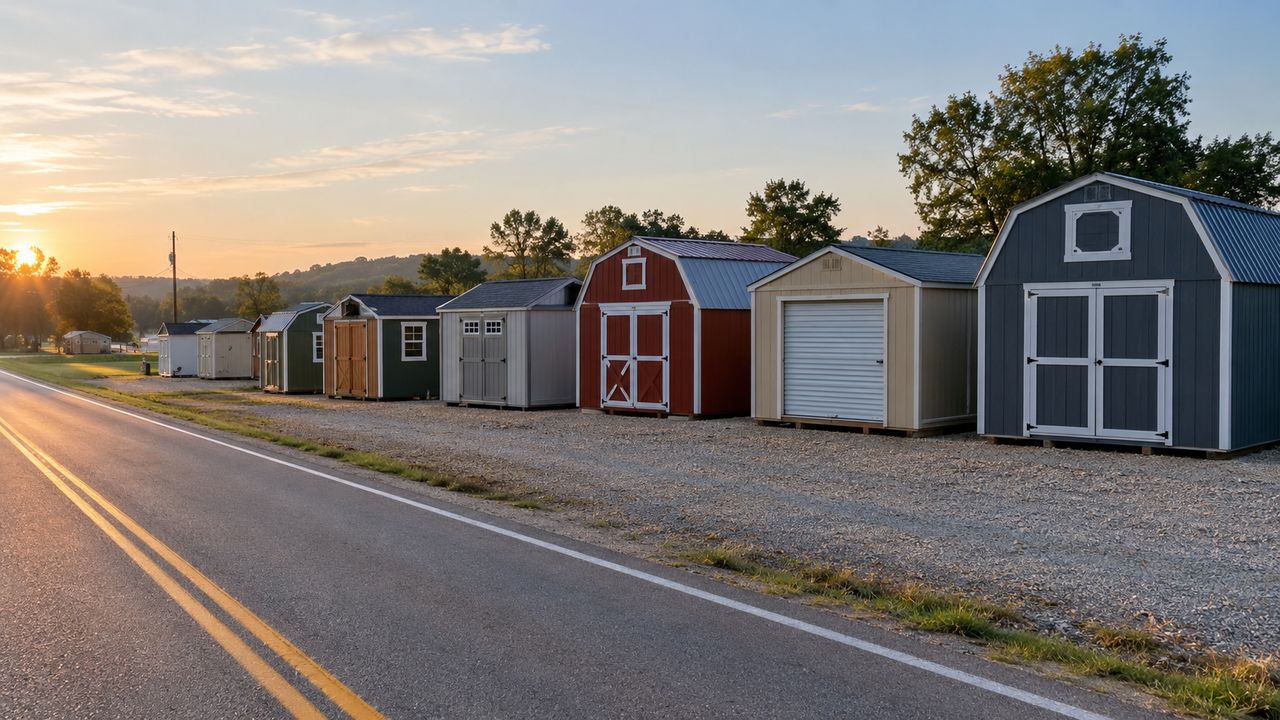 A row of new portable storage sheds and barn-style buildings on a gravel sales lot beside a two-lane rural highway