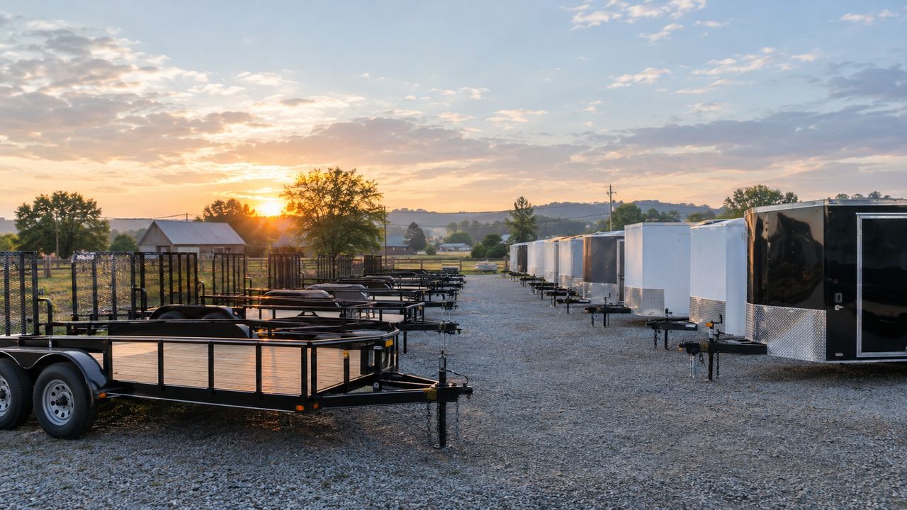Utility trailers and enclosed cargo trailers lined up on a trailer dealer's lot