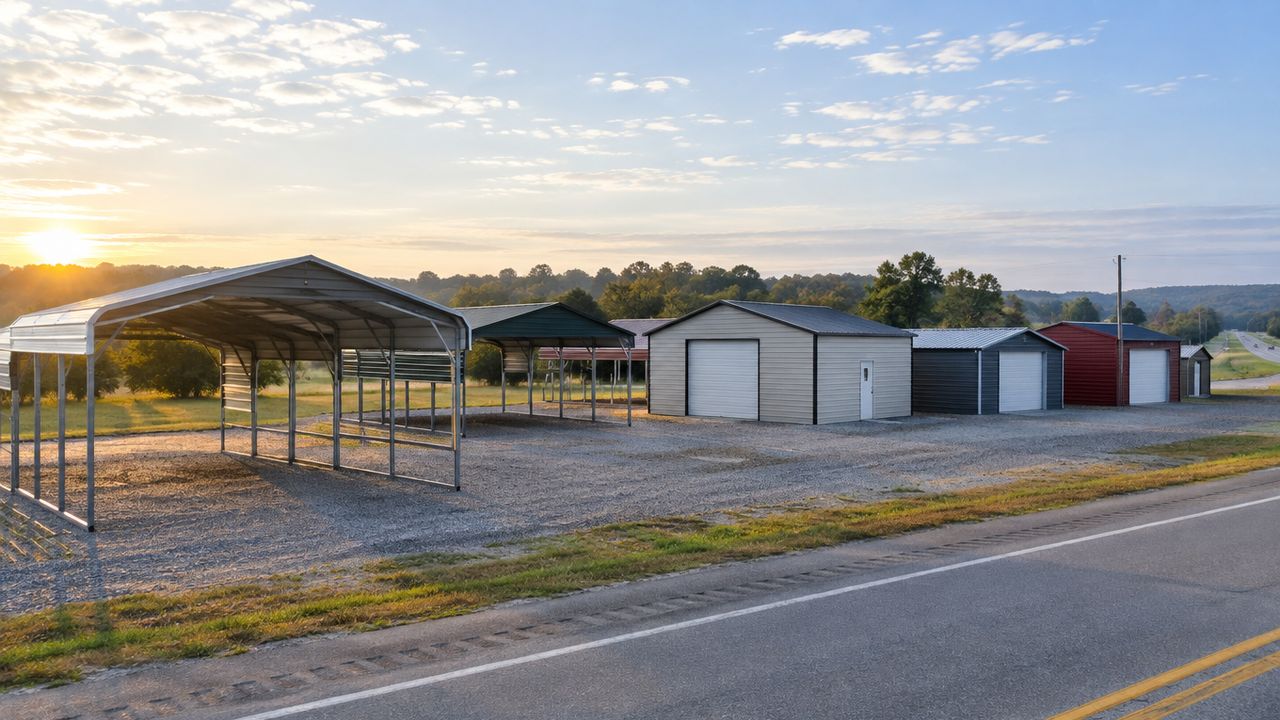Steel carports and metal garages on display on a dealer's gravel lot beside a highway