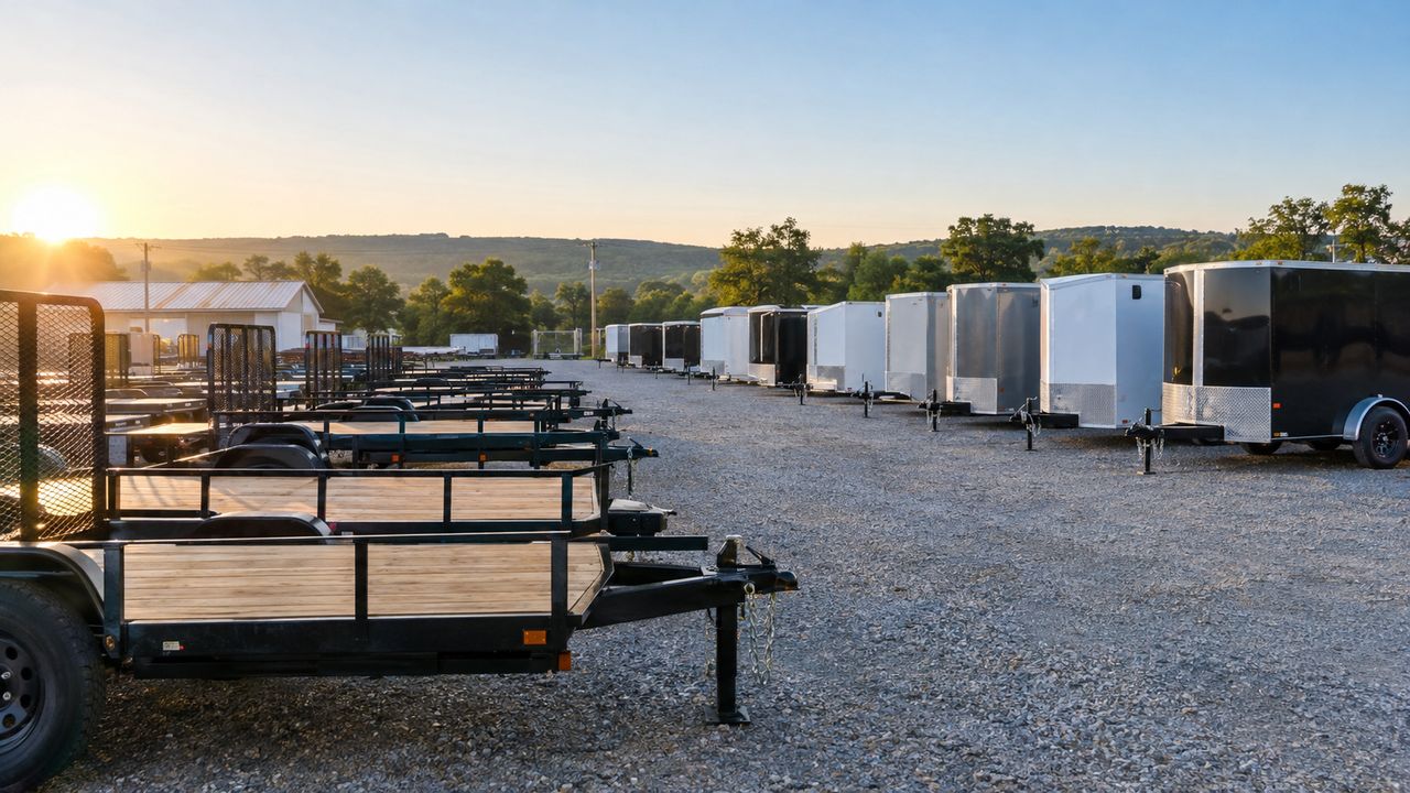 Utility trailers and enclosed cargo trailers lined up on a trailer dealer's lot