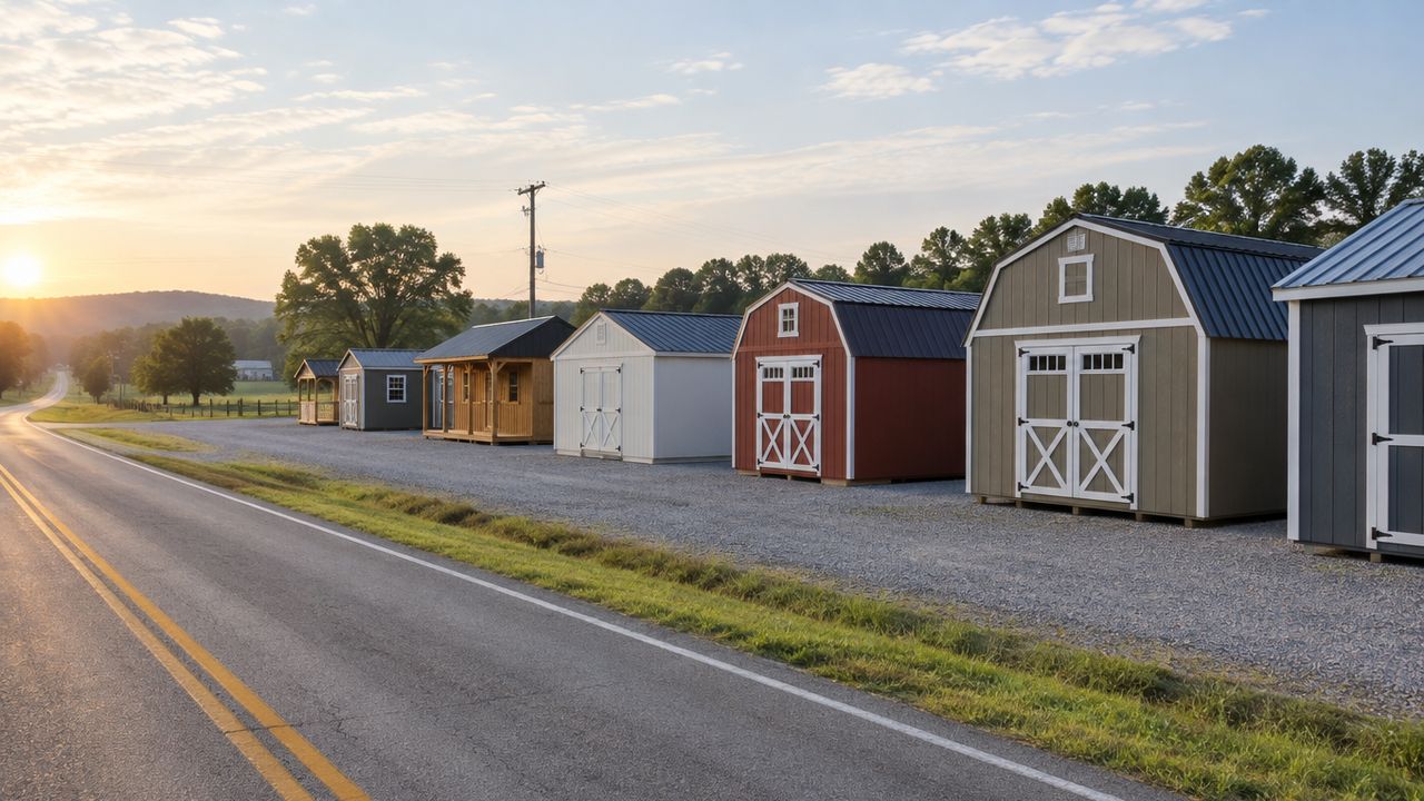 A row of new portable storage sheds and barn-style buildings on a gravel sales lot beside a two-lane rural highway