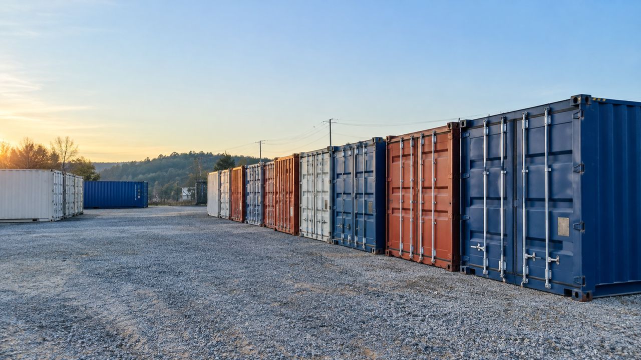 Steel shipping containers for sale, lined up in a container dealer's gravel yard